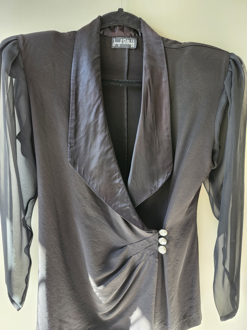 Joseph Ribkoff Black Satin & Sheer Sleeve Wrap Blazer - Picture 5 of 10